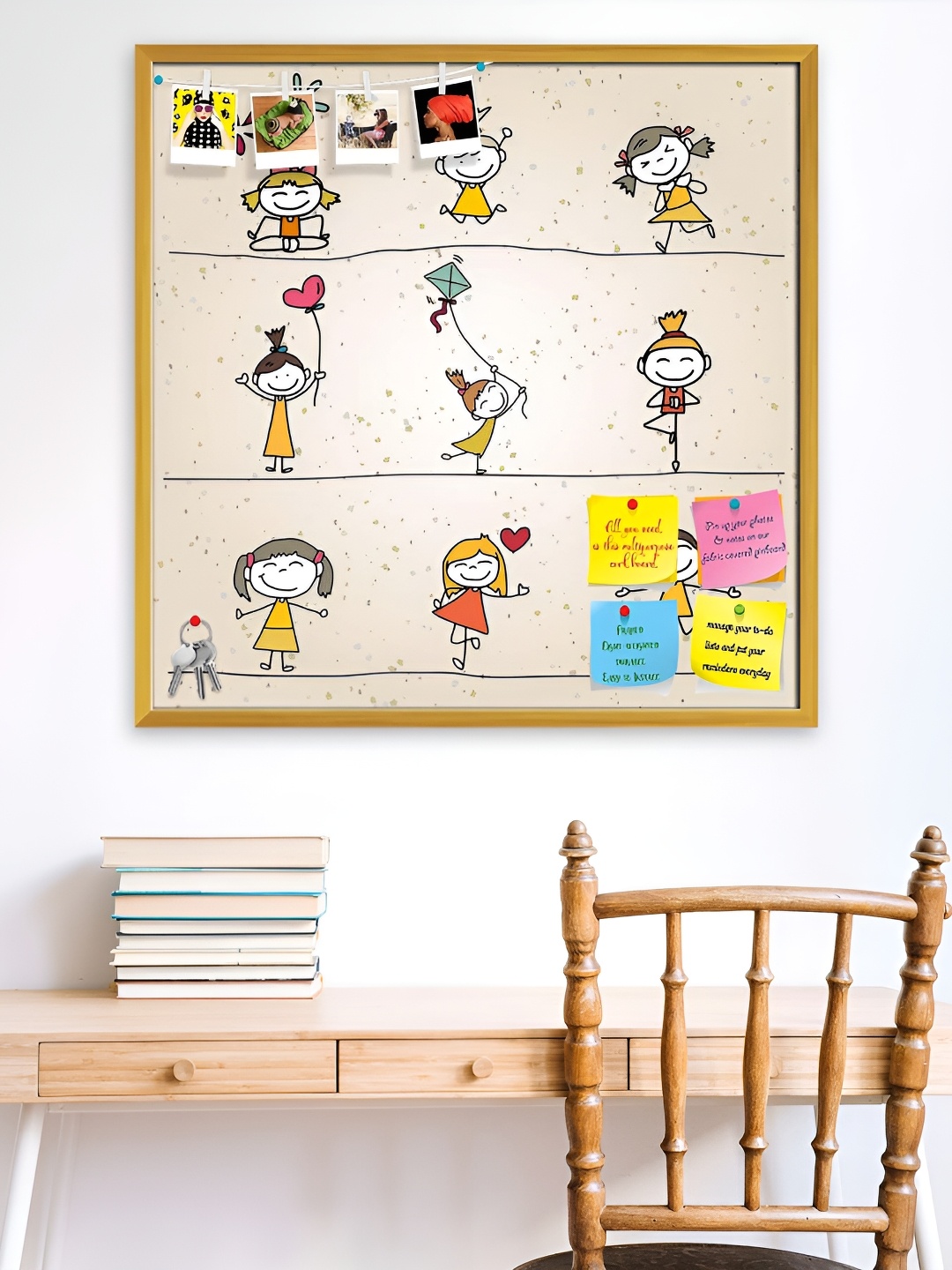 

ArtzFolio Gold Happy Kids Cartoon Printed Wooden Bulletin Board With Sticky Notes