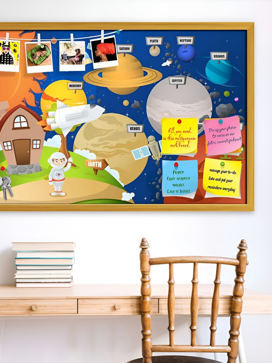 ArtzFolio Blue & Beige Planet System Printed Wooden Bulletin Board With Sticky Notes