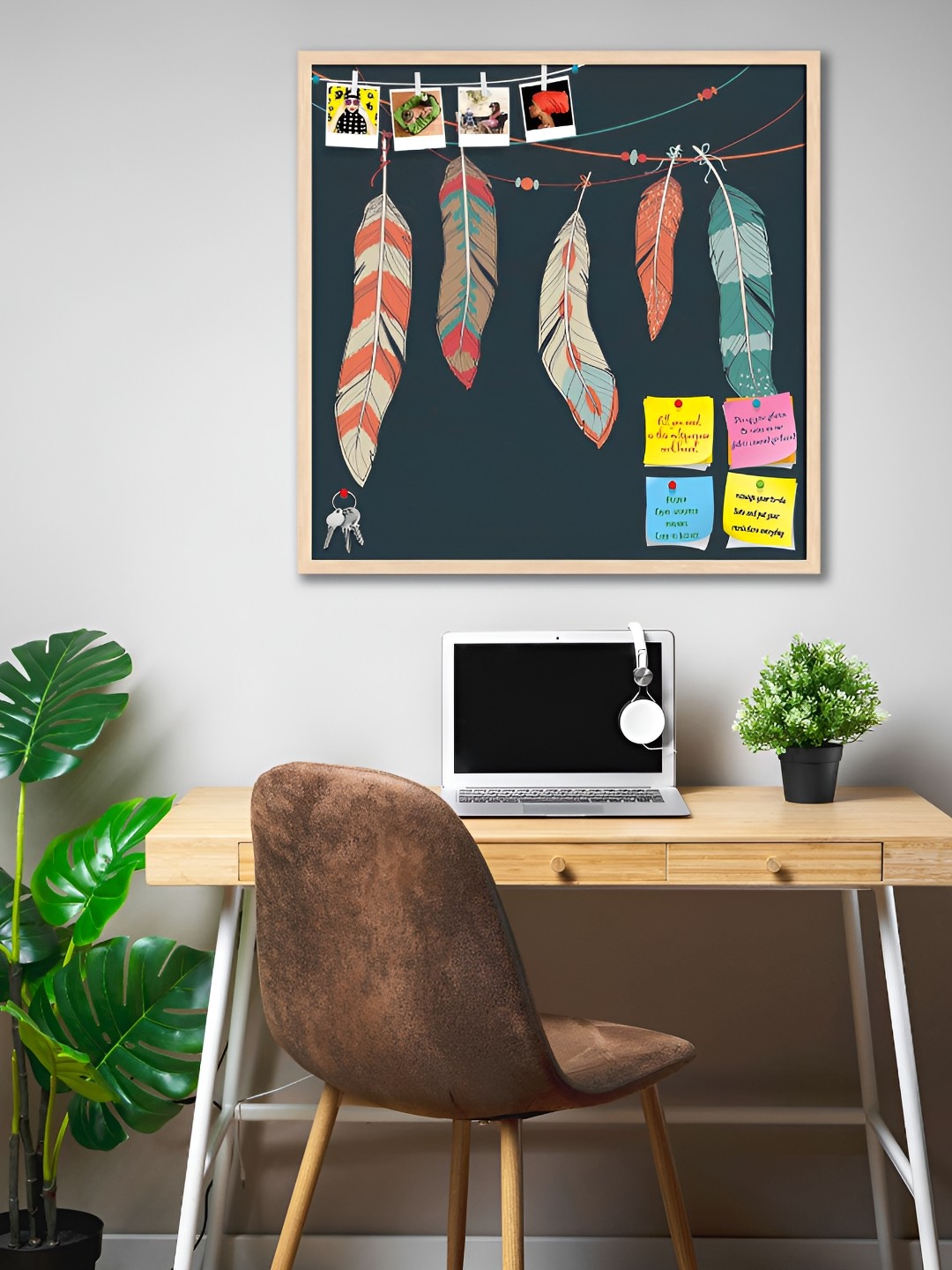 

ArtzFolio Camel Brown Feathers Hanging On Threads Printed Wooden Bulletin Board