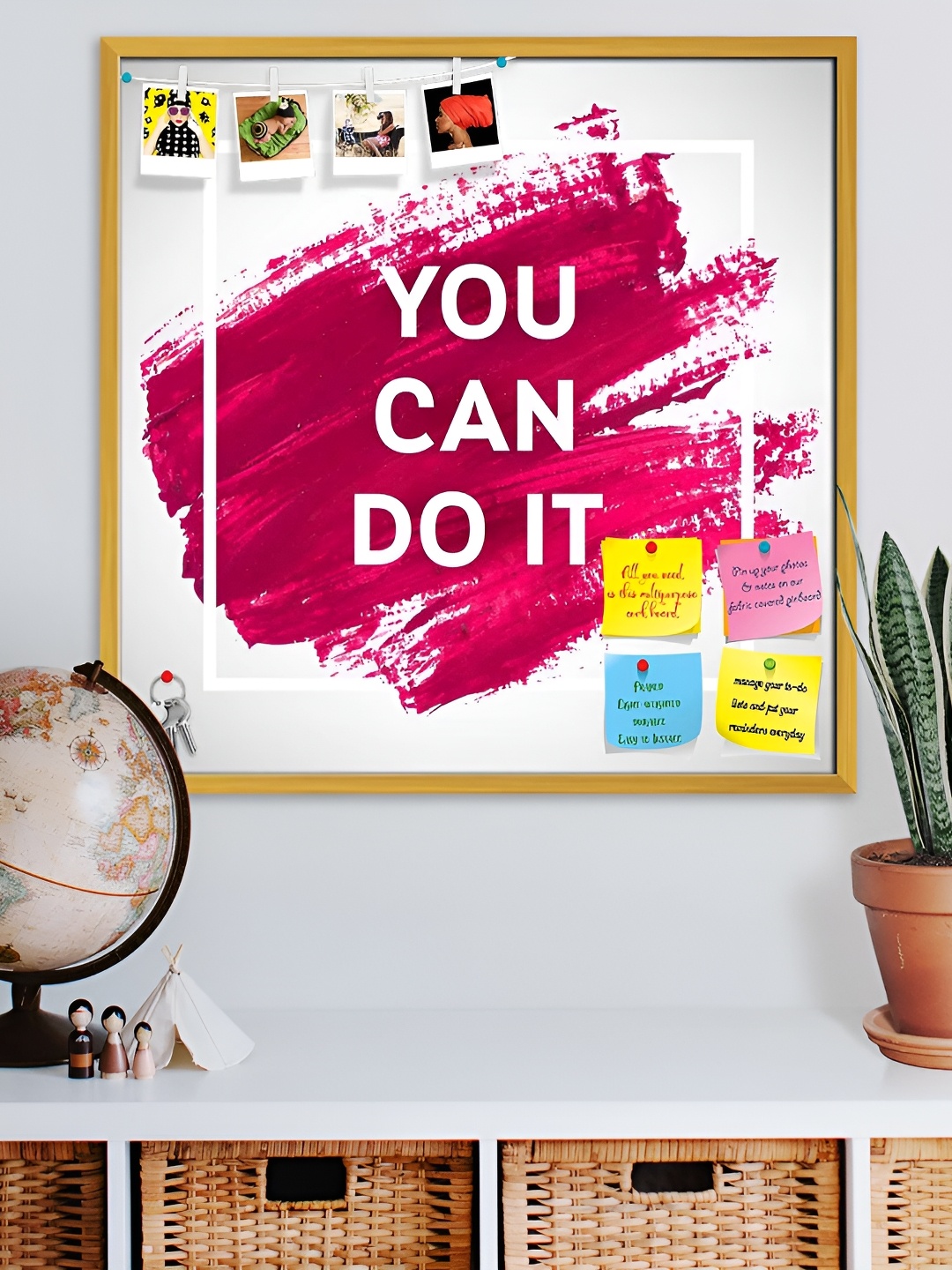 ArtzFolio Pink Typography Printed Wood Bulletin Board With Sticky Notes, Gold