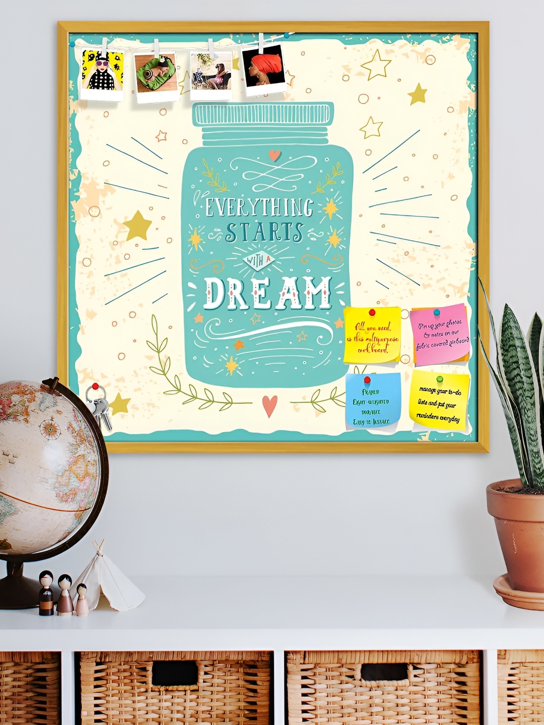 

ArtzFolio Green Printed Wood Bulletin Board With Sticky Notes, Gold