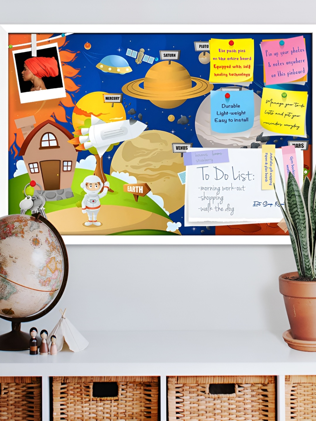ArtzFolio White Astronaut Planet System Printed Wooden Bulletin Board With Sticky