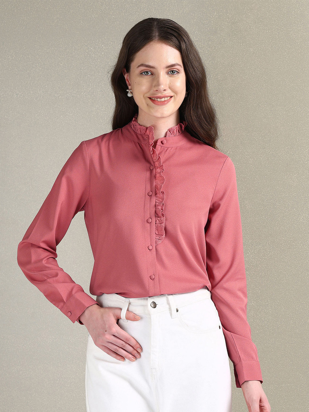 

U.S. Polo Assn. Women High Neck Lace Inserts Shirt Style Top, Pink