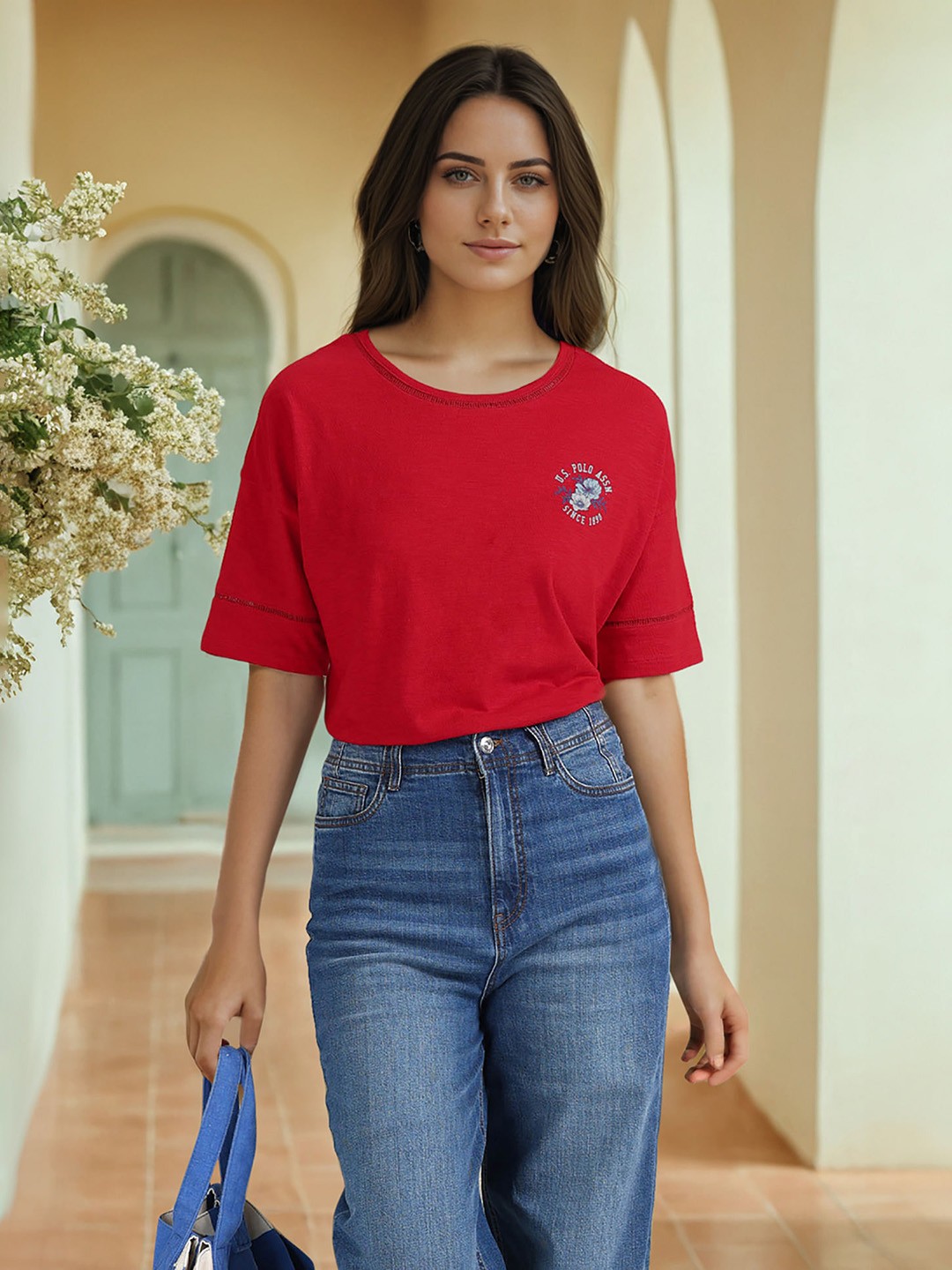

U.S. Polo Assn. Women Round Neck Cotton T-shirt, Red