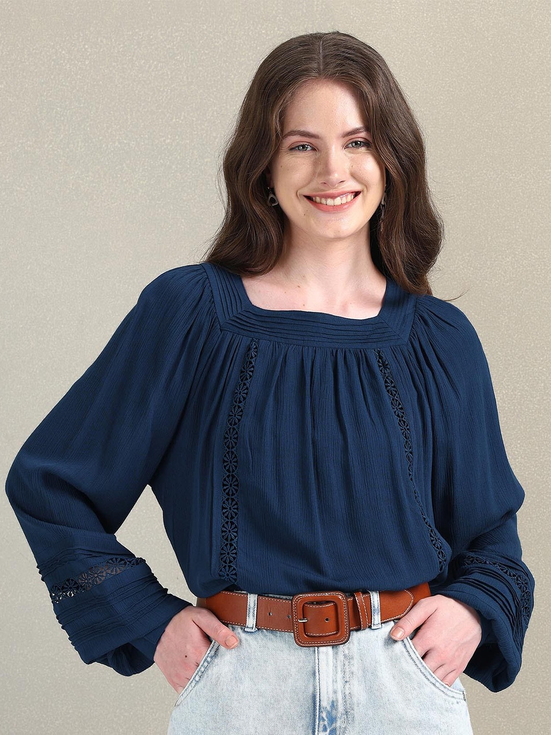 

U.S. Polo Assn. Women Square Neck Flared Sleeves Lace Inserts Top, Blue