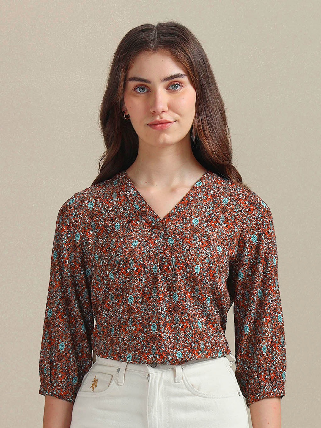 

U.S. Polo Assn. Women Floral Printed Puffed Sleeves Top, Orange