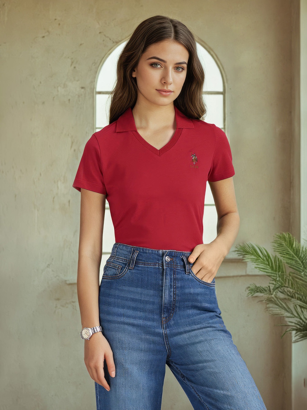 

U.S. Polo Assn. Women V-Neck Cotton T-shirt, Red