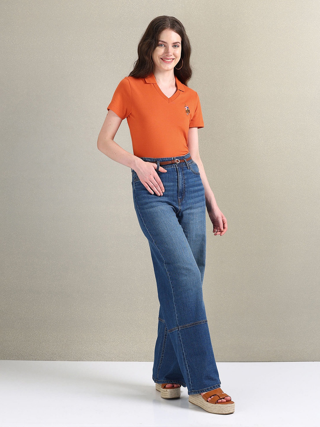 

U.S. Polo Assn. Women V-Neck Cotton T-shirt, Orange