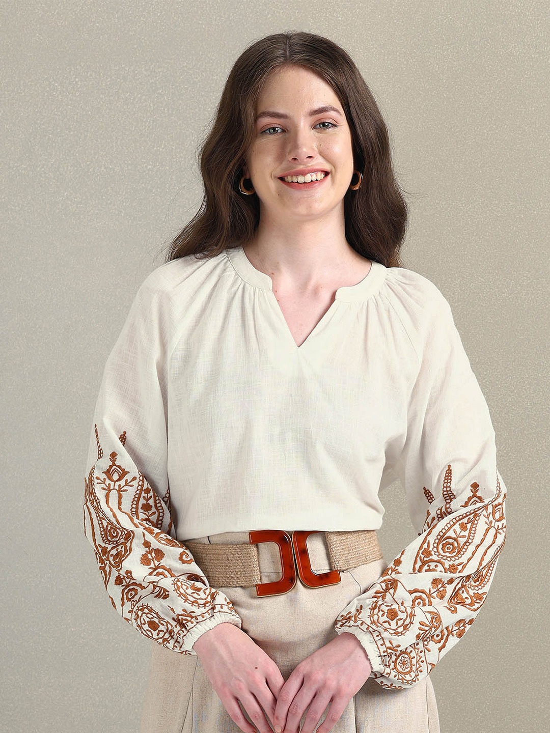 

U.S. Polo Assn. Women Mandarin Collar Cuffed Sleeves Embroidered Top, White