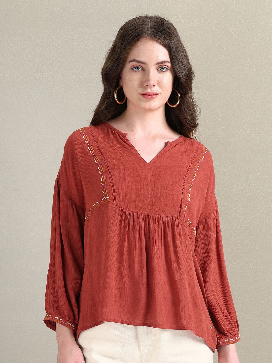 

U.S. Polo Assn. Women Round Neck Crepe Top, Orange