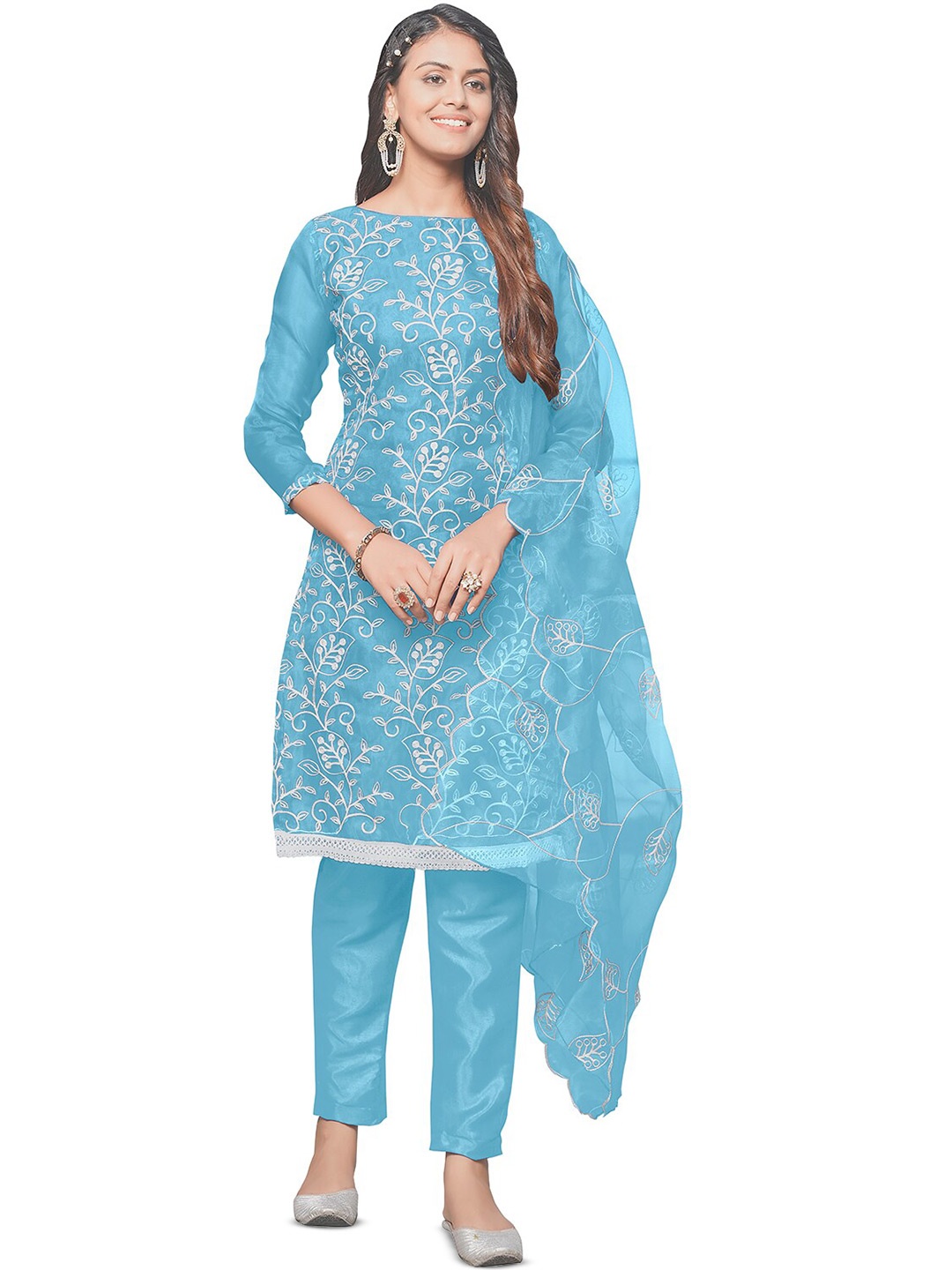 

Leeza Store Floral Embroidered Thread Work Organza Unstitched Dress Material, Blue