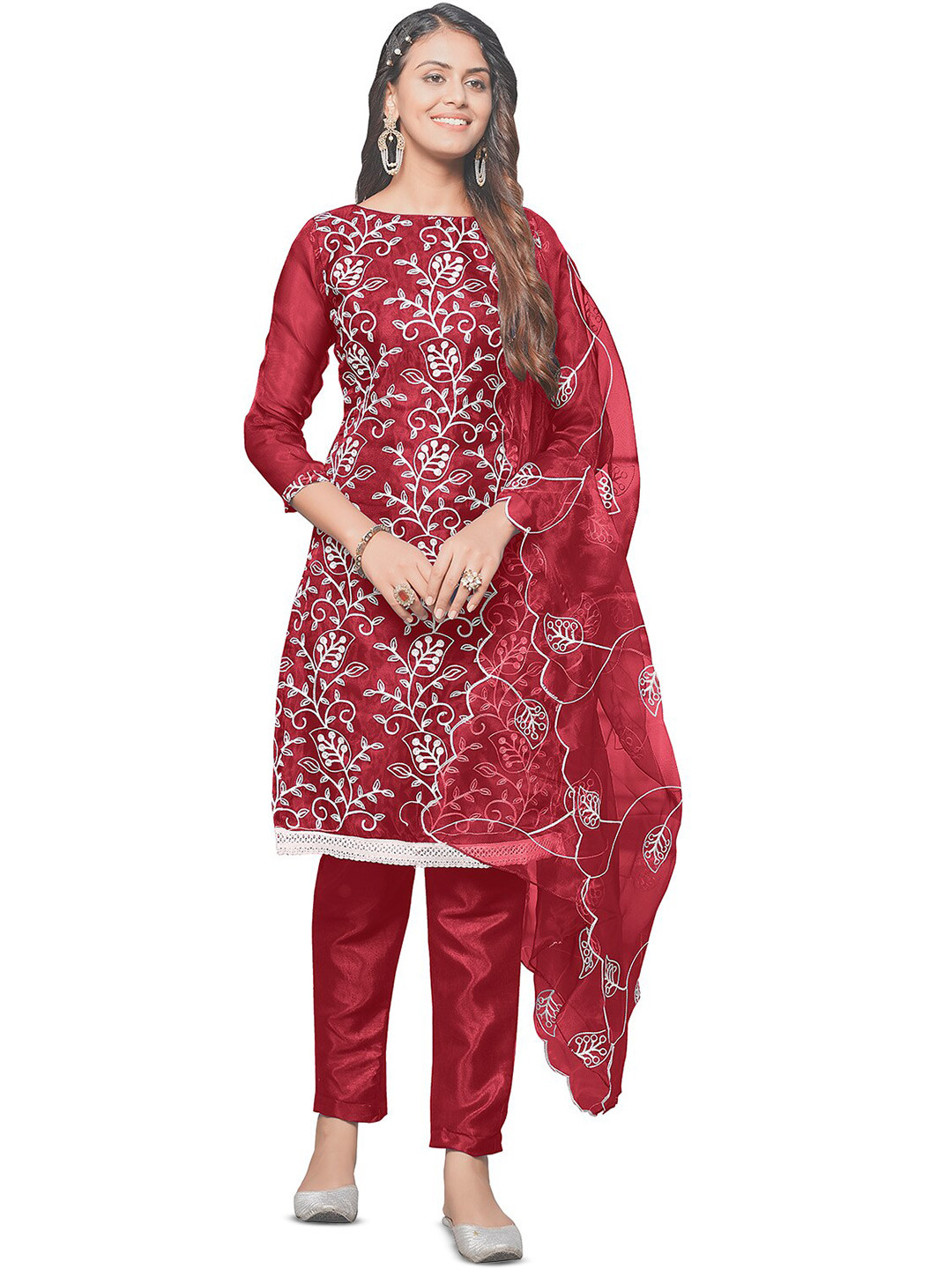 

Leeza Store Floral Embroidered Thread Work Organza Unstitched Dress Material, Red