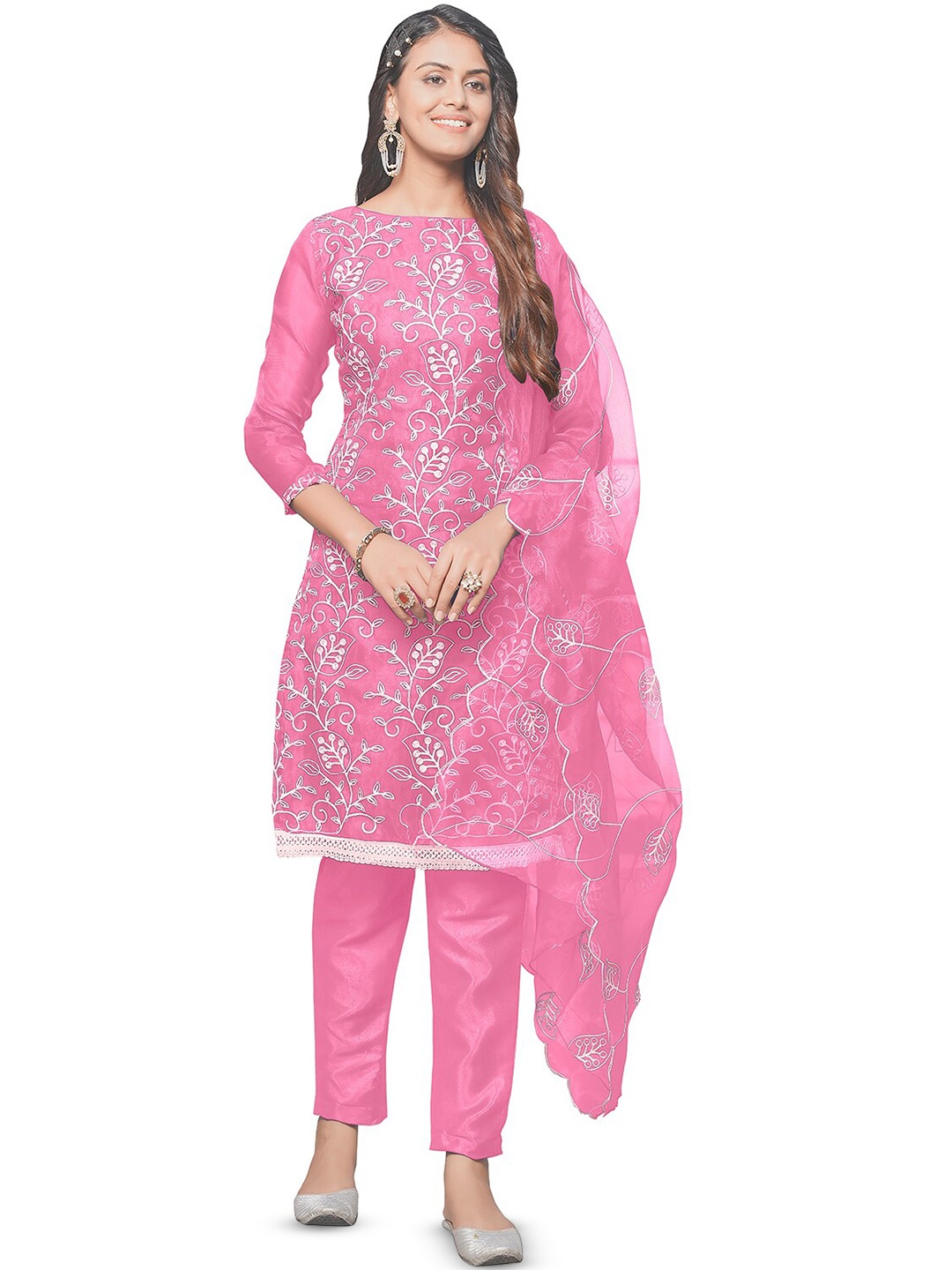 

Leeza Store Floral Embroidered Thread Work Organza Unstitched Dress Material, Pink