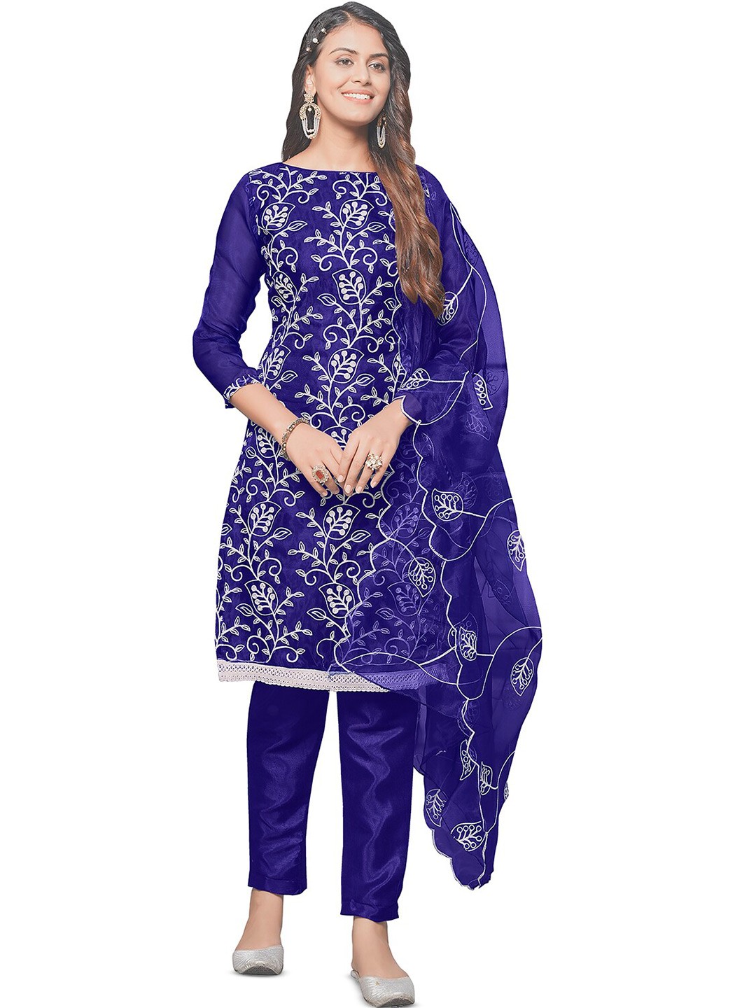 

Leeza Store Floral Embroidered Thread Work Organza Unstitched Dress Material, Blue