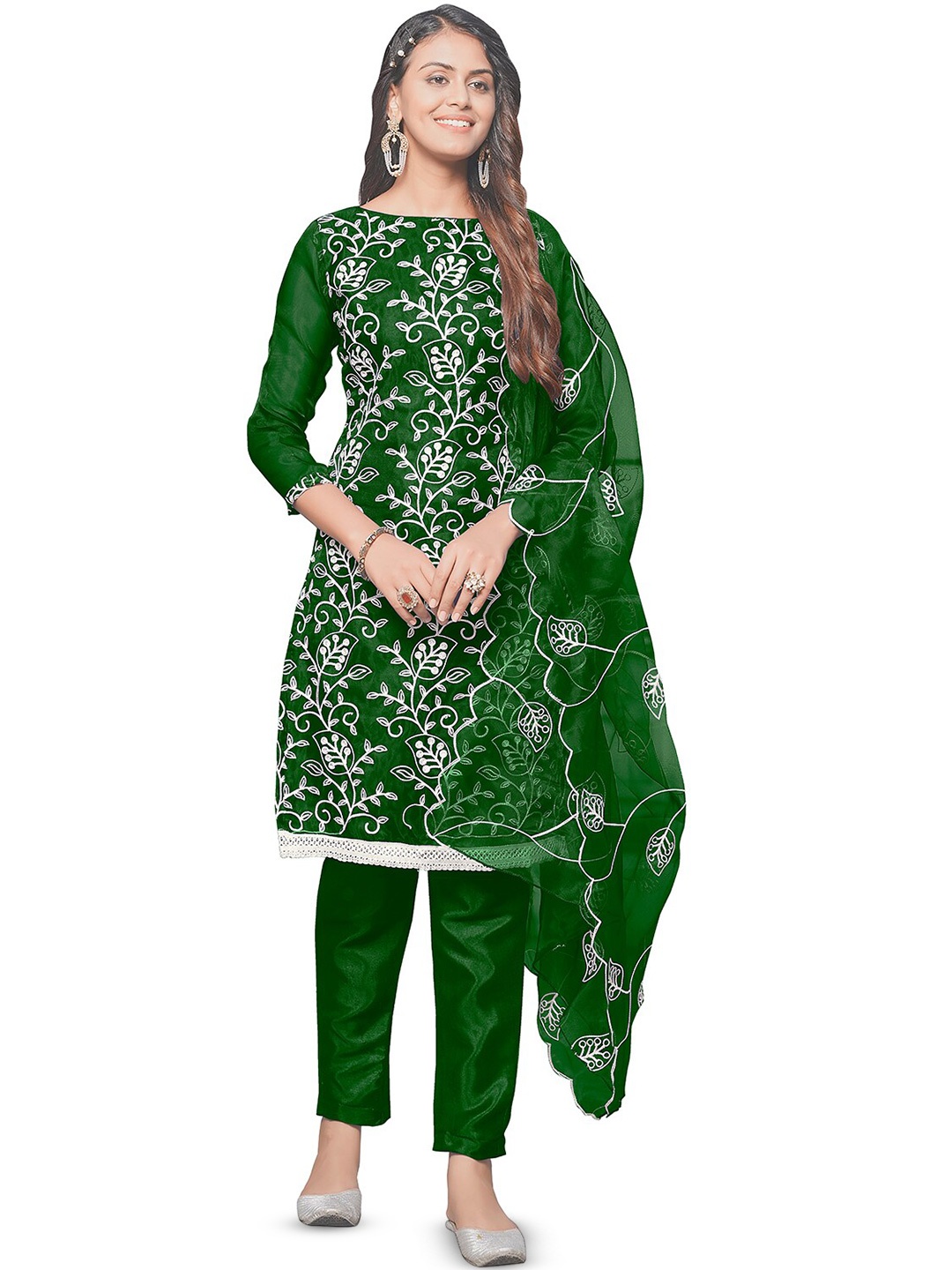 

Leeza Store Floral Embroidered Thread Work Organza Unstitched Dress Material, Green
