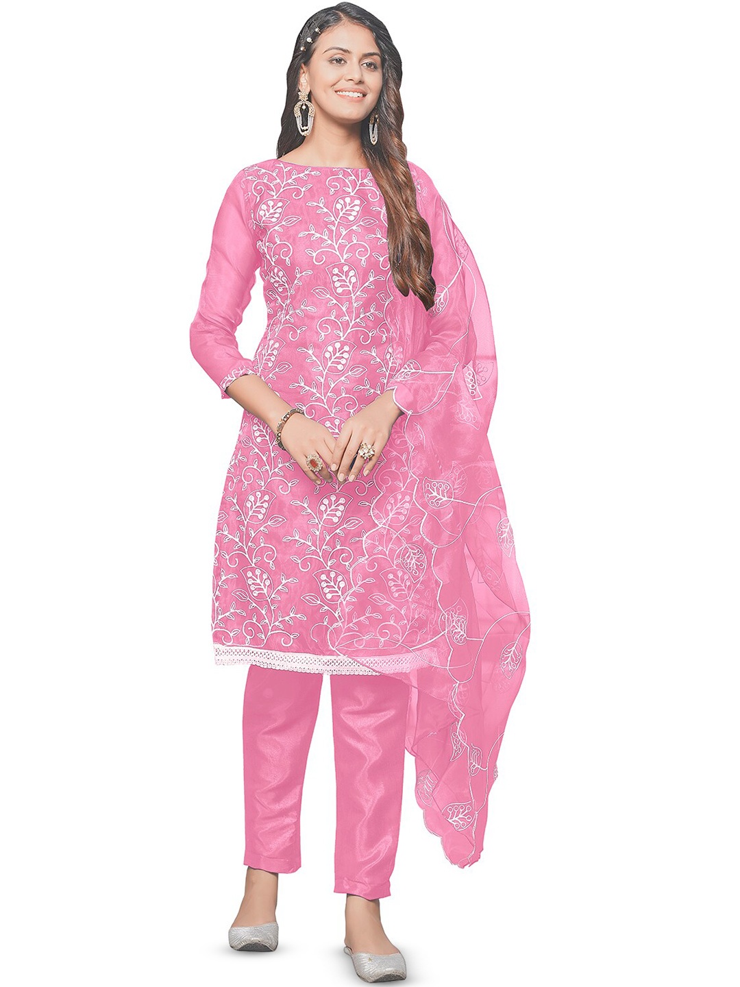 

Leeza Store Floral Embroidered Thread Work Organza Unstitched Dress Material, Pink