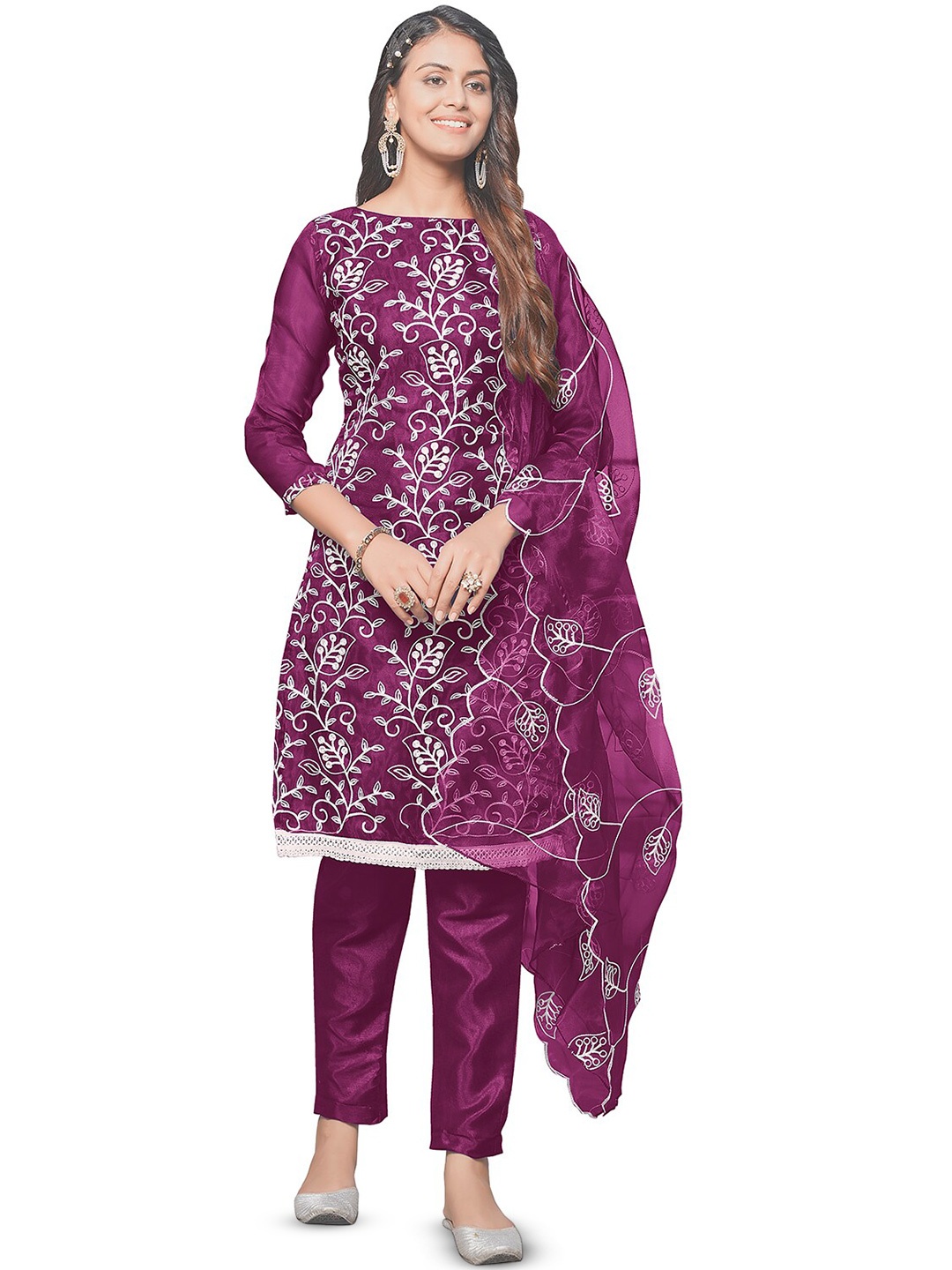 

Leeza Store Floral Embroidered Thread Work Organza Unstitched Dress Material, Burgundy