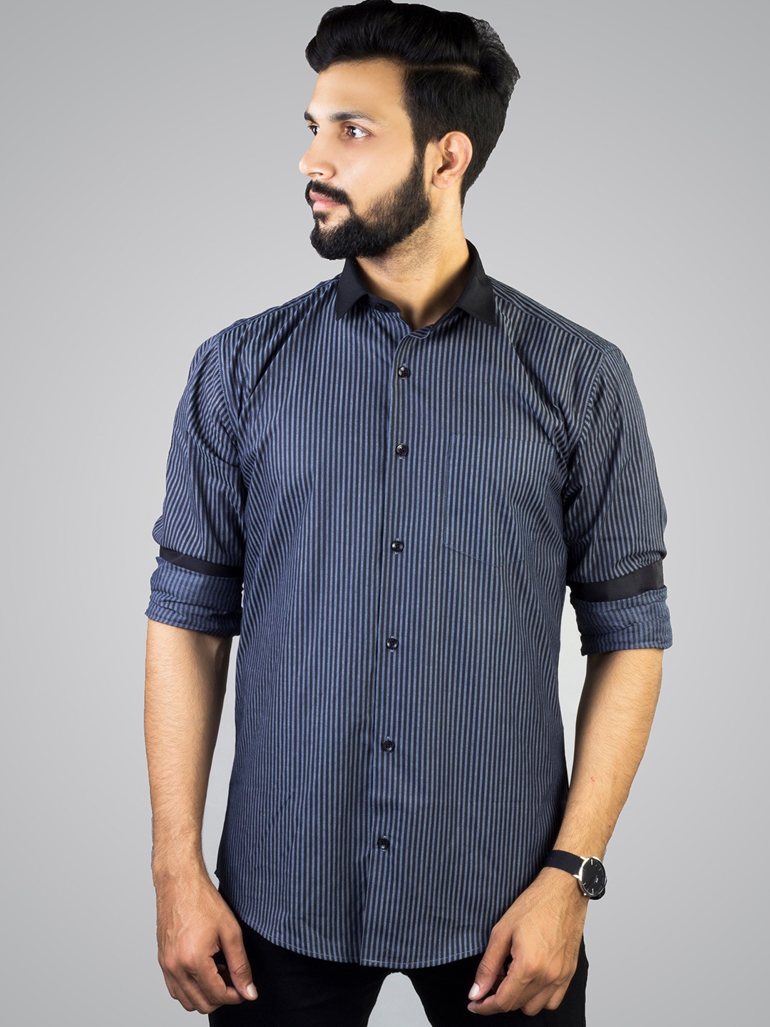 

INDIAN THREADS India Slim Vertical Striped Cotton Casual Shirt, Grey