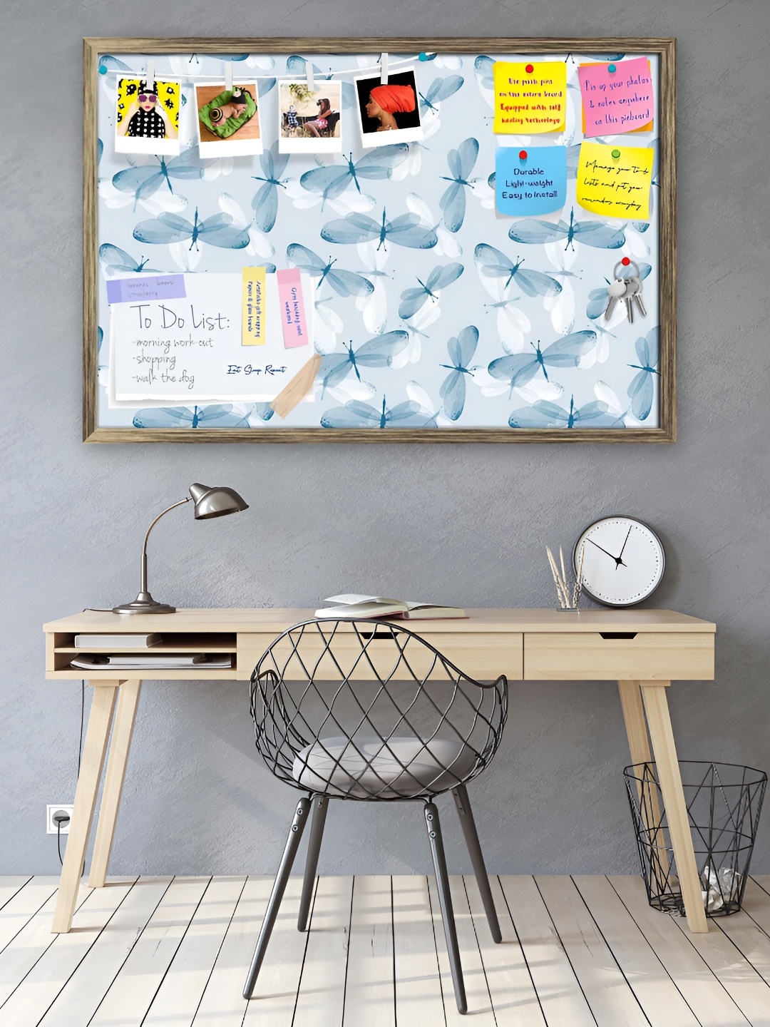 ArtzFolio Blue & White Butterfly Printed Wooden Bulletin Board With Sticky Notes