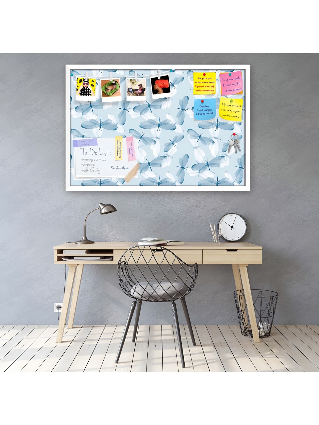 

ArtzFolio White & Blue Butterflies Printed Wooden Bulletin Board With Sticky Notes