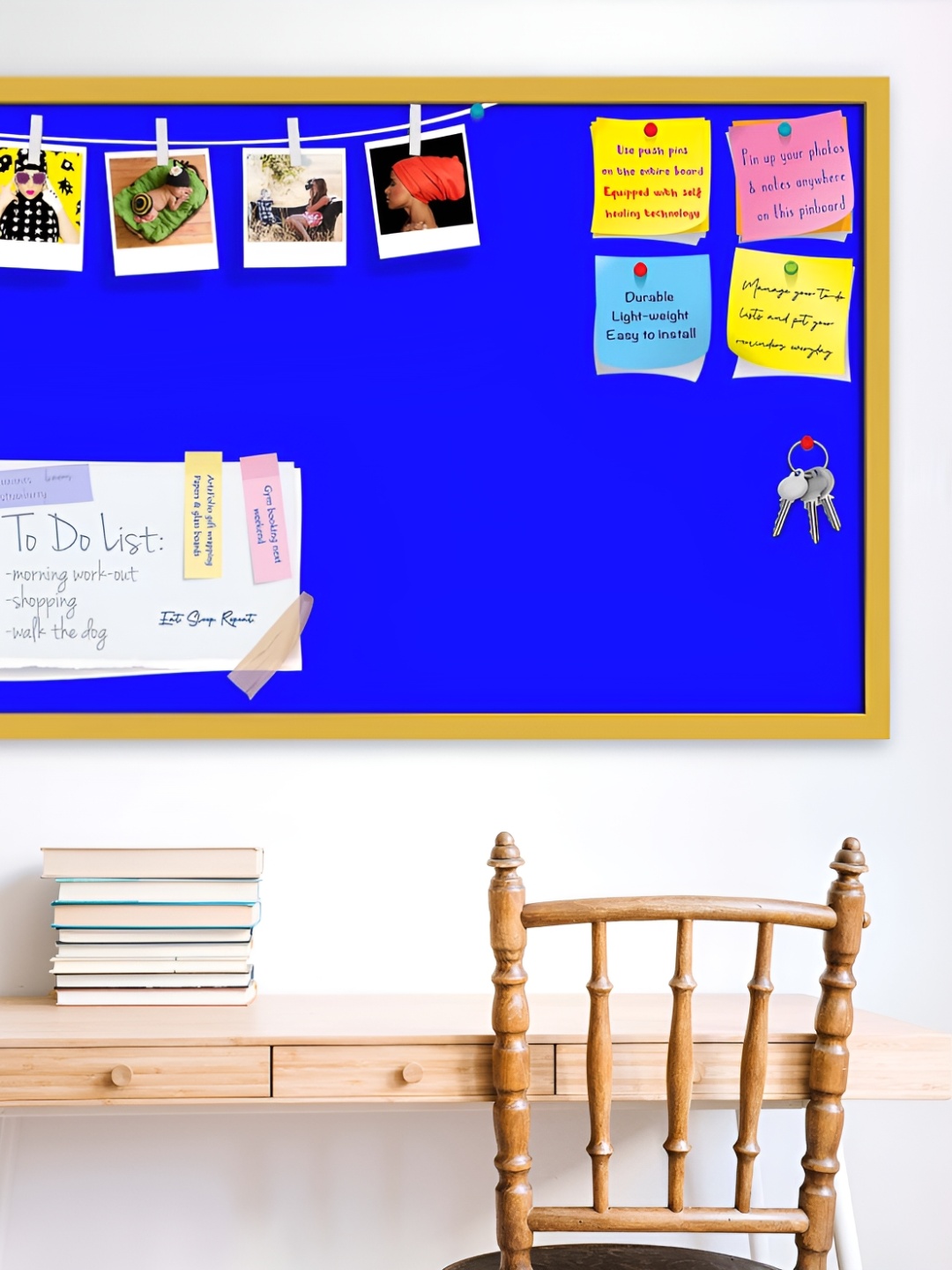 ArtzFolio Blue Printed Wooden Bulletin Board With Sticky Notes, Gold