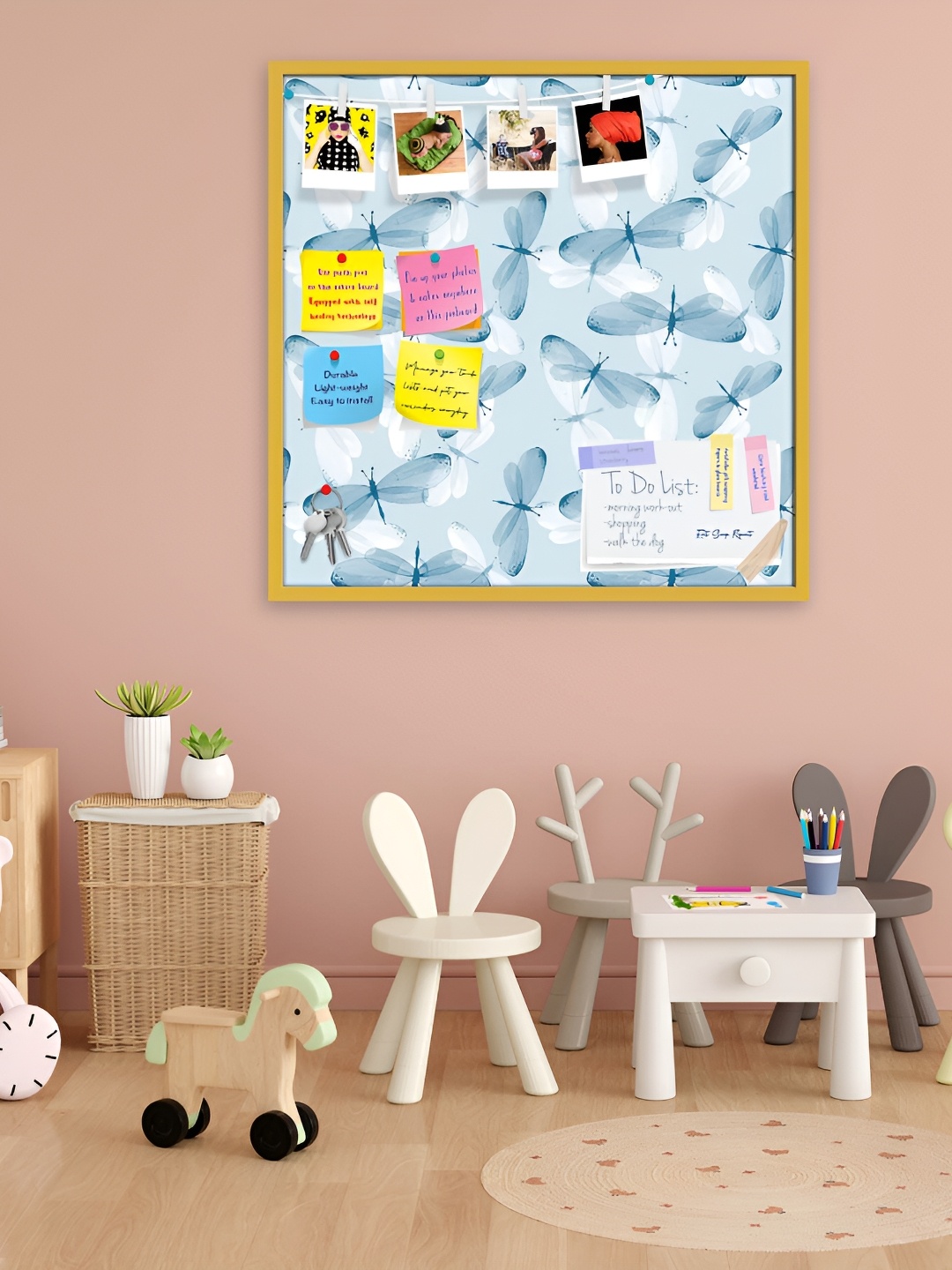 ArtzFolio Blue & White Printed Wooden Bulletin Board With Sticky Notes, Gold