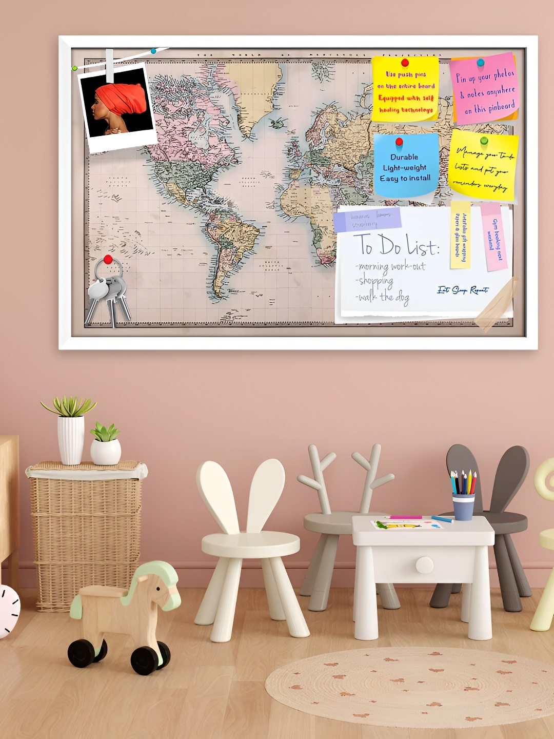 

ArtzFolio White World Map Printed Wooden Bulletin Board With Sticky Notes