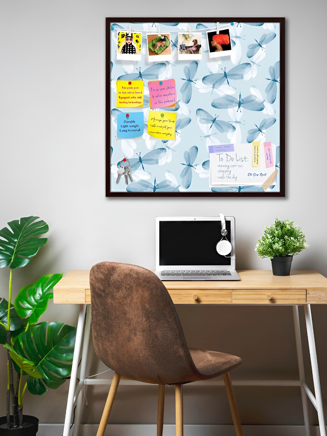 

ArtzFolio Brown & Blue Butterflies Printed Wooden Bulletin Board With Sticky Notes