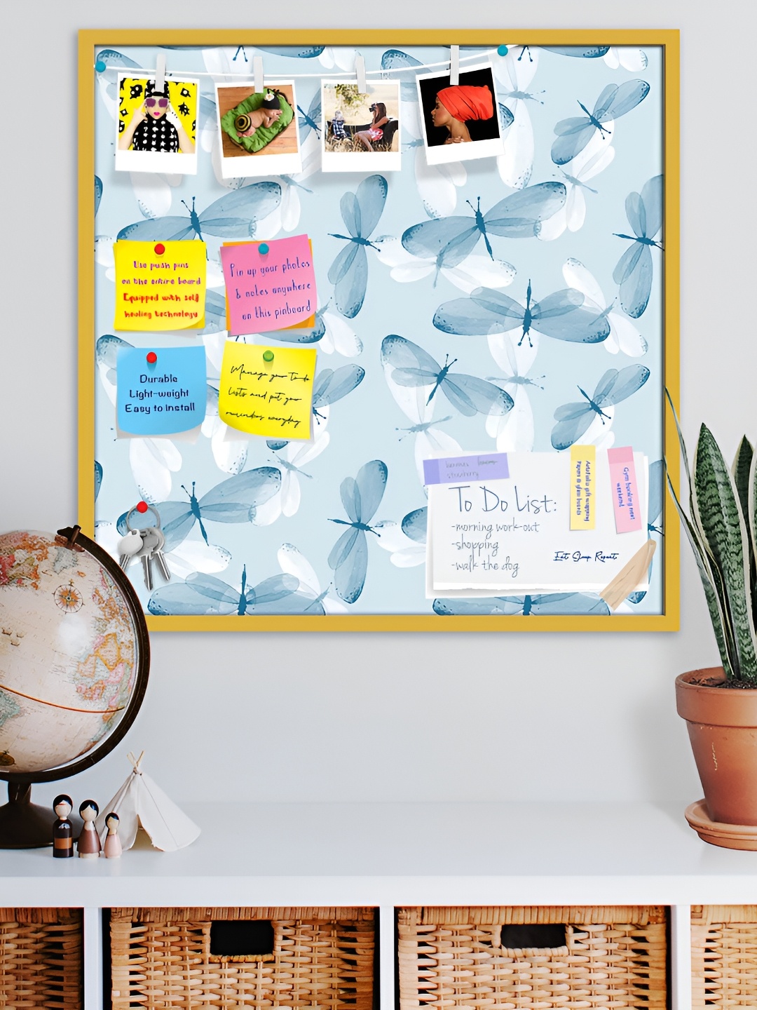 

ArtzFolio Blue Butterflies d2 Printed Wooden Bulletin Board With Sticky Notes, Gold