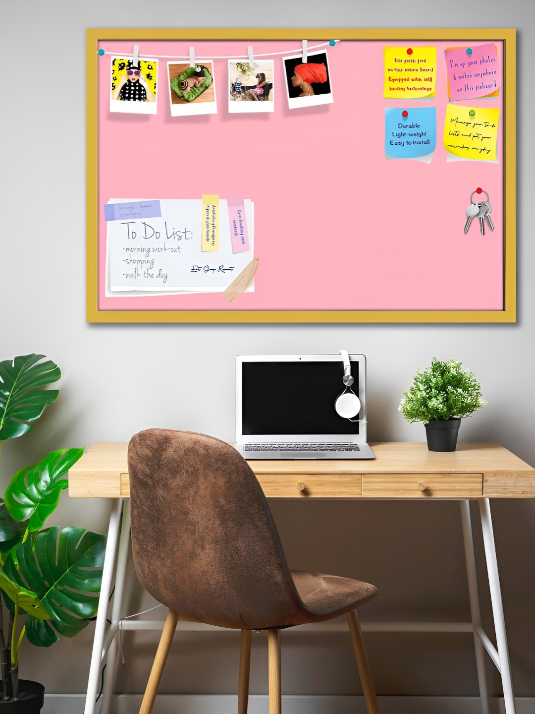 ArtzFolio Pink Wooden Bulletin Board With Sticky Notes, Gold