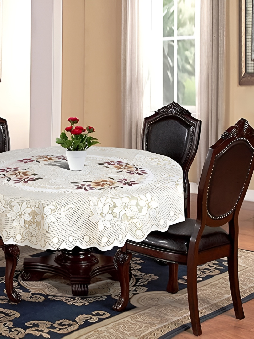 

MONKDECOR Cream Floral Cotton Round 4 Seater Table Cover