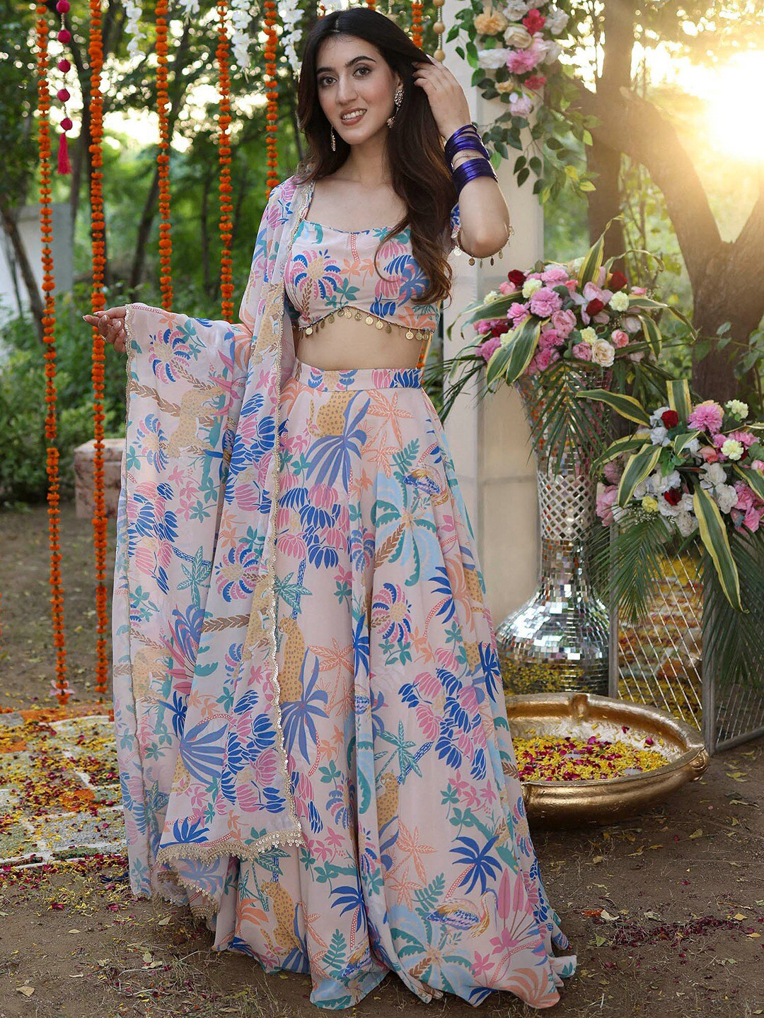 

Lavanya The Label Floral Printed Ready To Wear Lehenga & Blouse With Dupatta, Beige