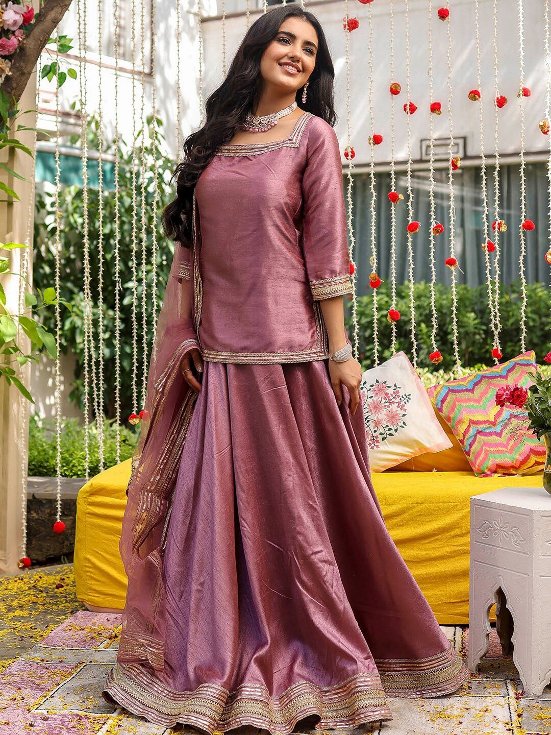 

Lavanya The Label Square Neck Ready to Wear Lehenga & Blouse With Dupatta, Purple