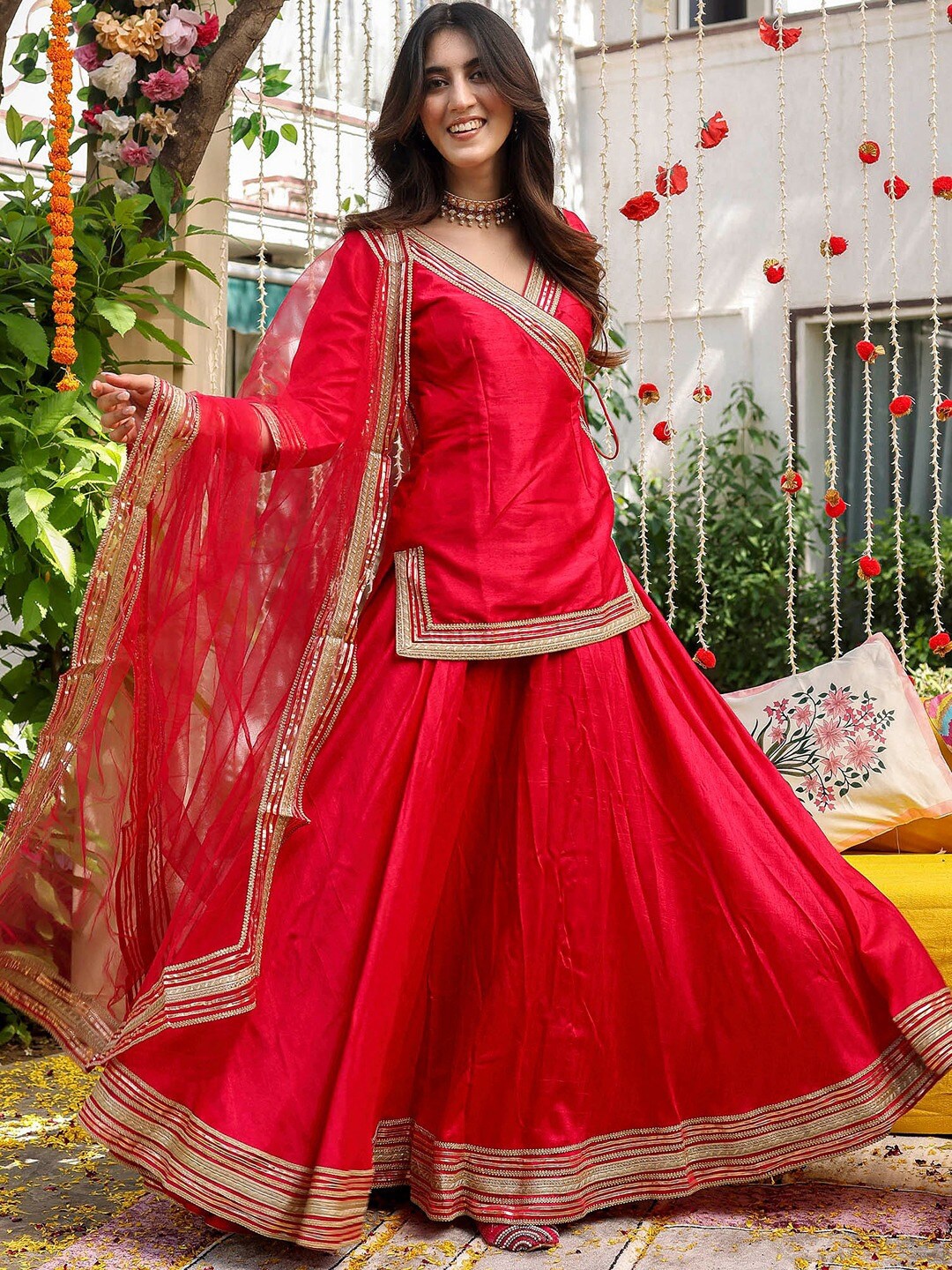 

Lavanya The Label V-Neck Ready to Wear Lehenga & Blouse With Dupatta, Pink