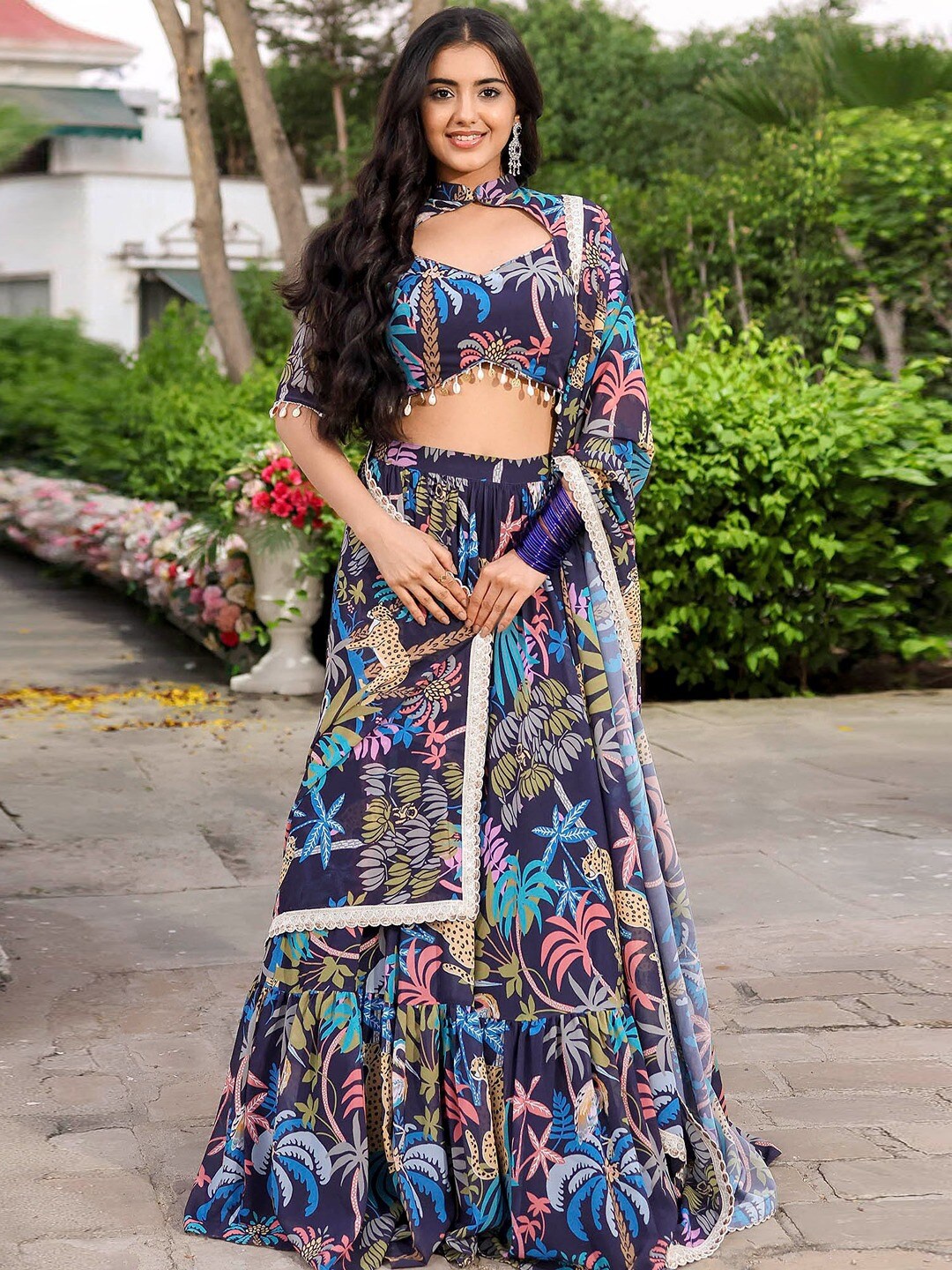 

Lavanya The Label Printed Beads & Stones Ready To Wear Lehenga & Blouse With Dupatta, Navy blue