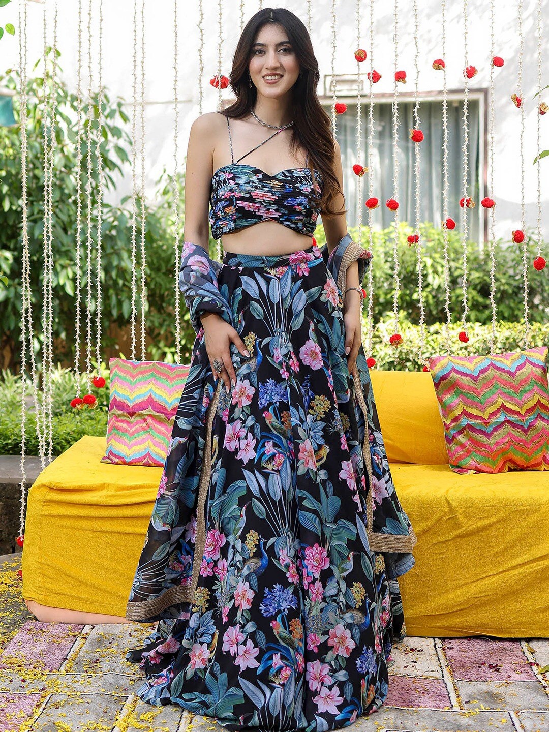 

Lavanya The Label Floral Printed Ready to Wear Lehenga & Blouse With Dupatta, Black