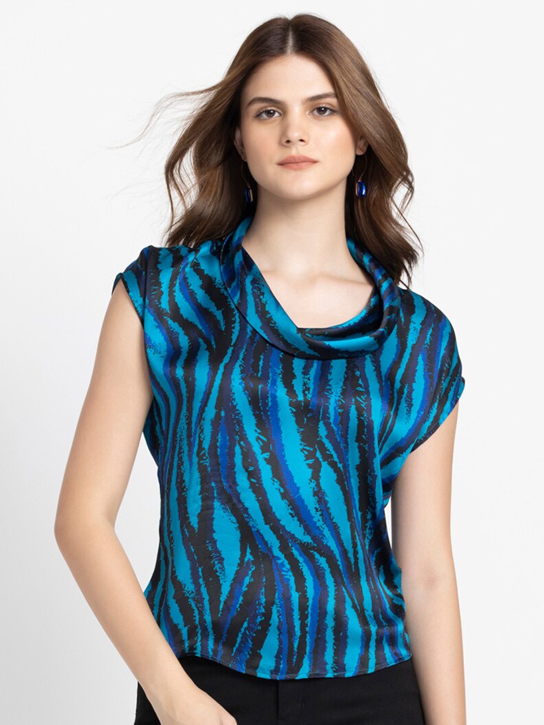 

SHAYE Abstract Printed Cowl Neck Top, Black