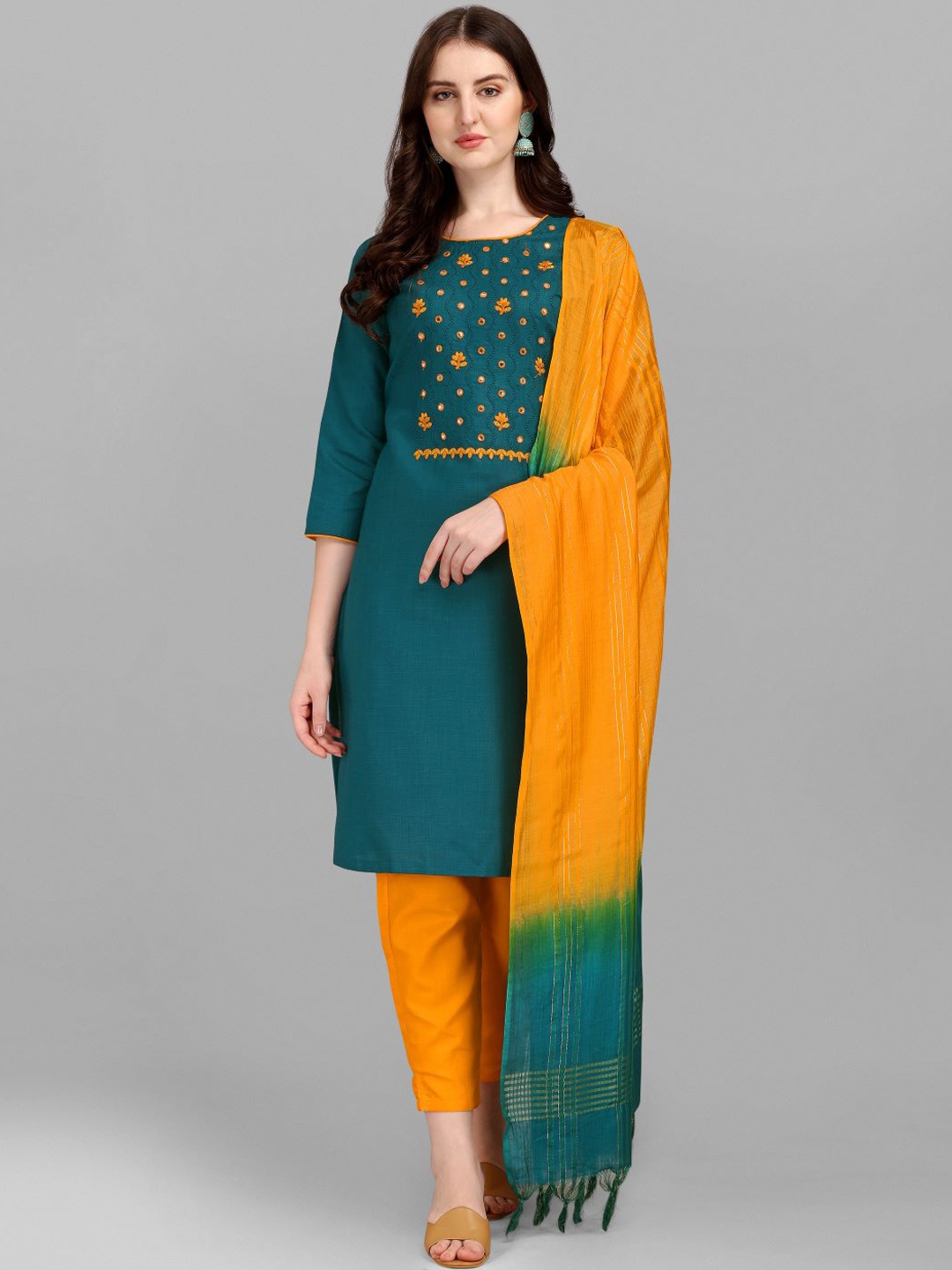 

GUFRINA Ethnic Motifs Yoke Design Regular Thread Work Kurta With Trousers & Dupatta, Teal