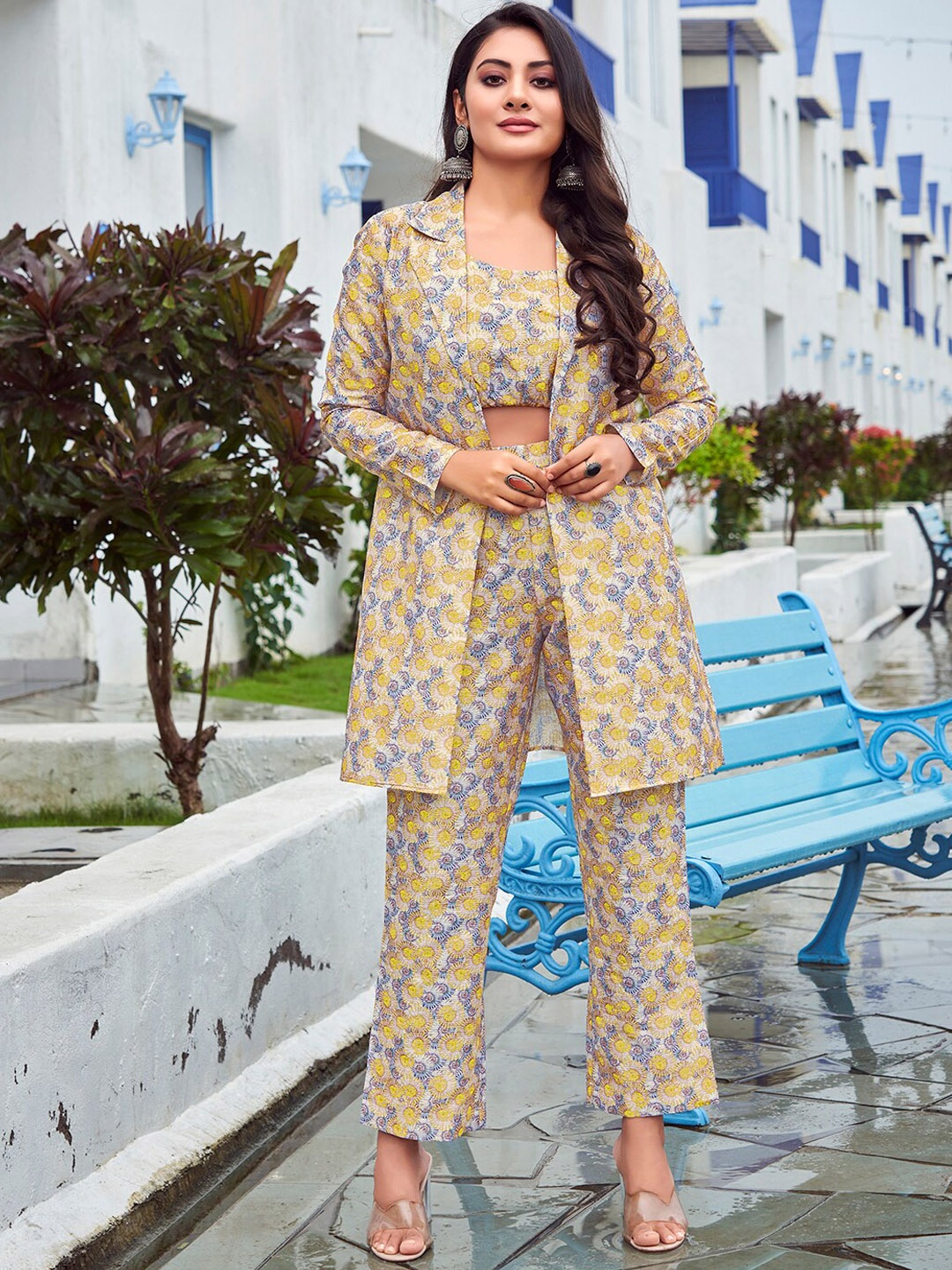 

Selvia Printed Shoulder Strap Top Shrug & Trousers, Yellow