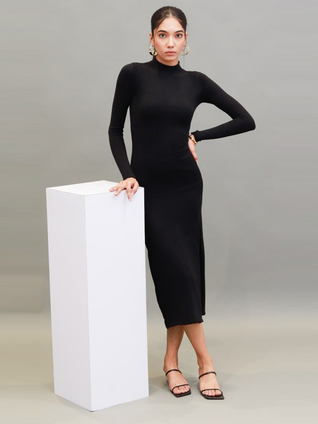 

NoBarr High Neck Bodycon Midi Dress, Black