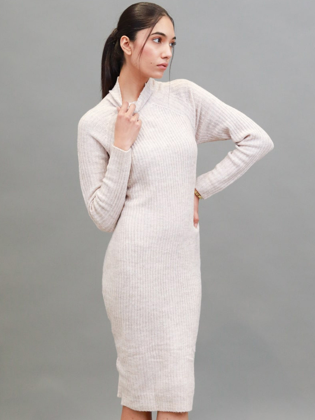 

NoBarr Ribbed High Neck Bodycon Acrylic Midi Dress, Beige
