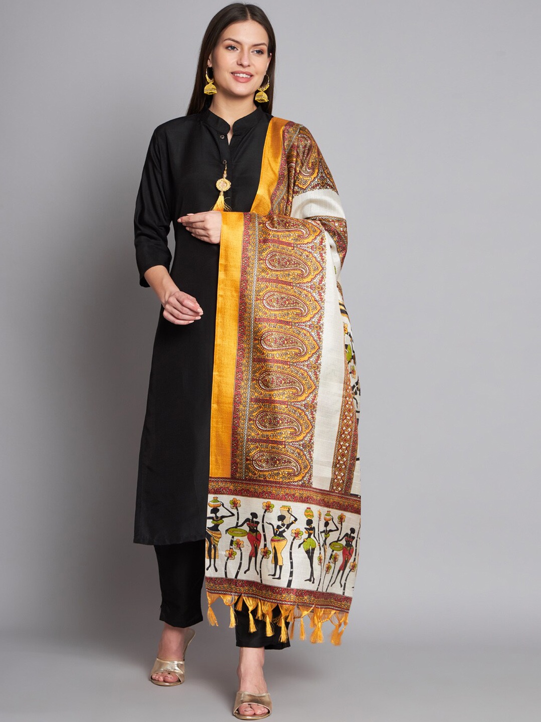 

GUFRINA Regular Pure Cotton Kurta With Trousers & Dupatta, Black