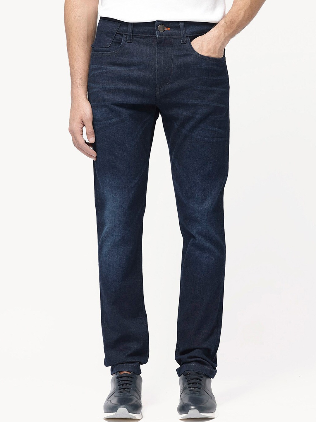 

RARE RABBIT Men Nikos Regular Fit Mid Rise Stretchable Jeans, Navy blue