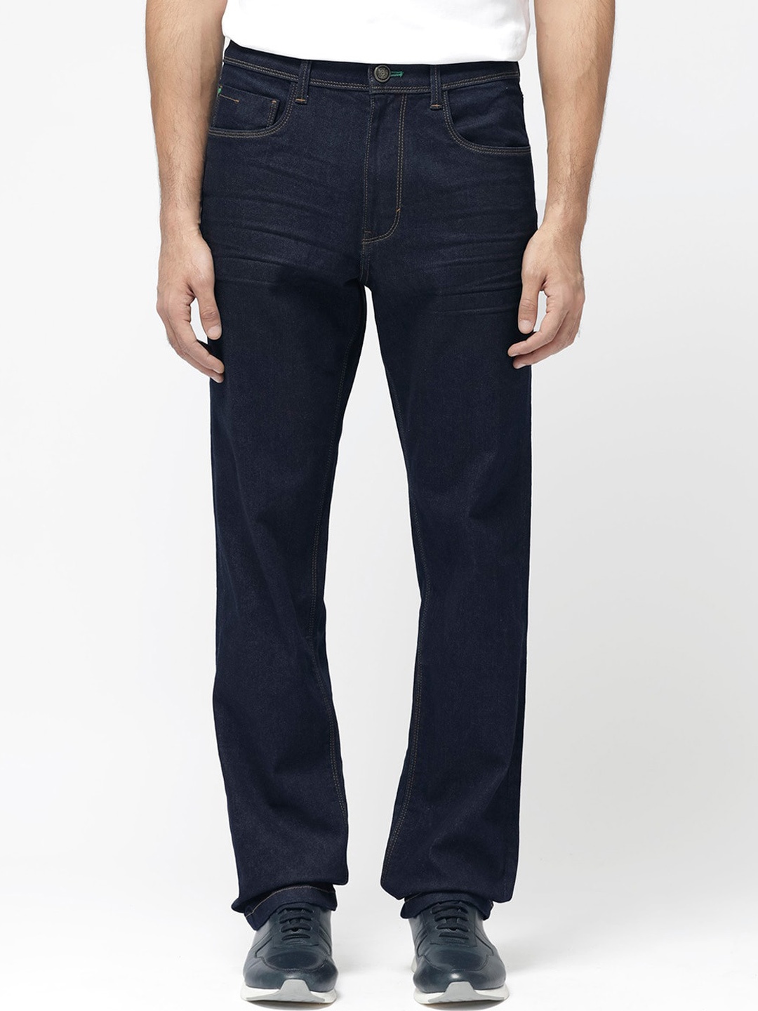 

RARE RABBIT Men Doros Regular Fit Straight Fit Mid Rise Stretchable Jeans, Navy blue