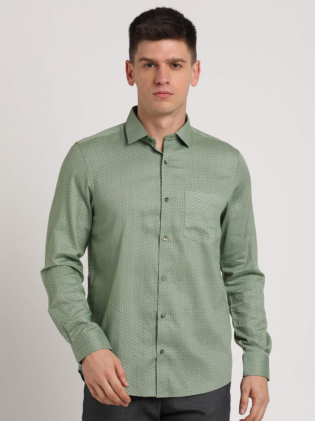 

Turtle Men Standard Slim Fit Micro Ditsy Printed Spread Collar Cotton Formal Shirt, Olive