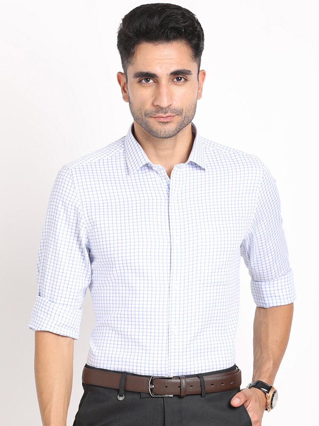 

Turtle Standard Slim Fit Micro Checked Spread Collar Cotton Formal Shirt, Blue