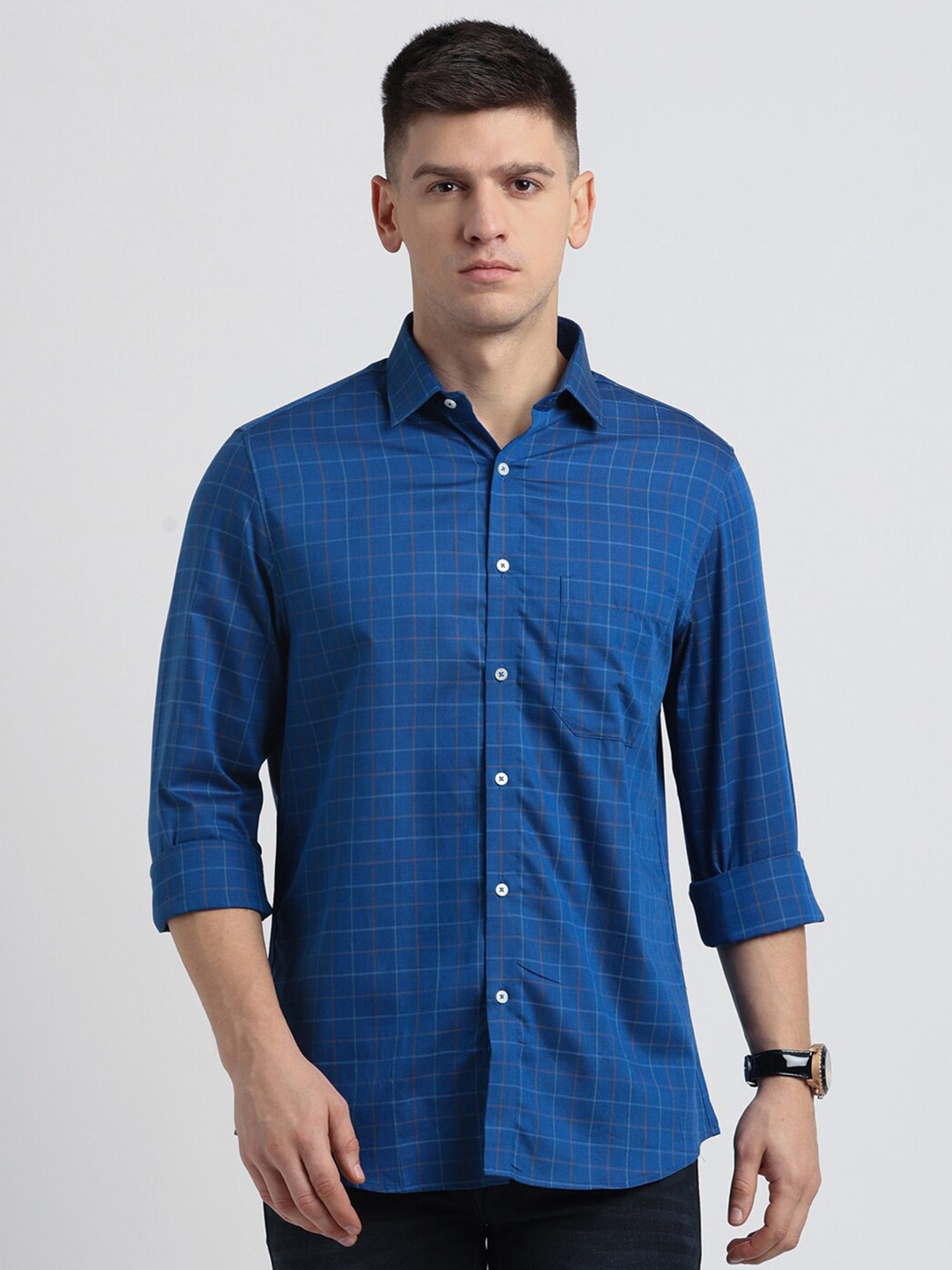 

Turtle Checked Standard Slim Fit Cotton Opaque Casual Shirt, Blue