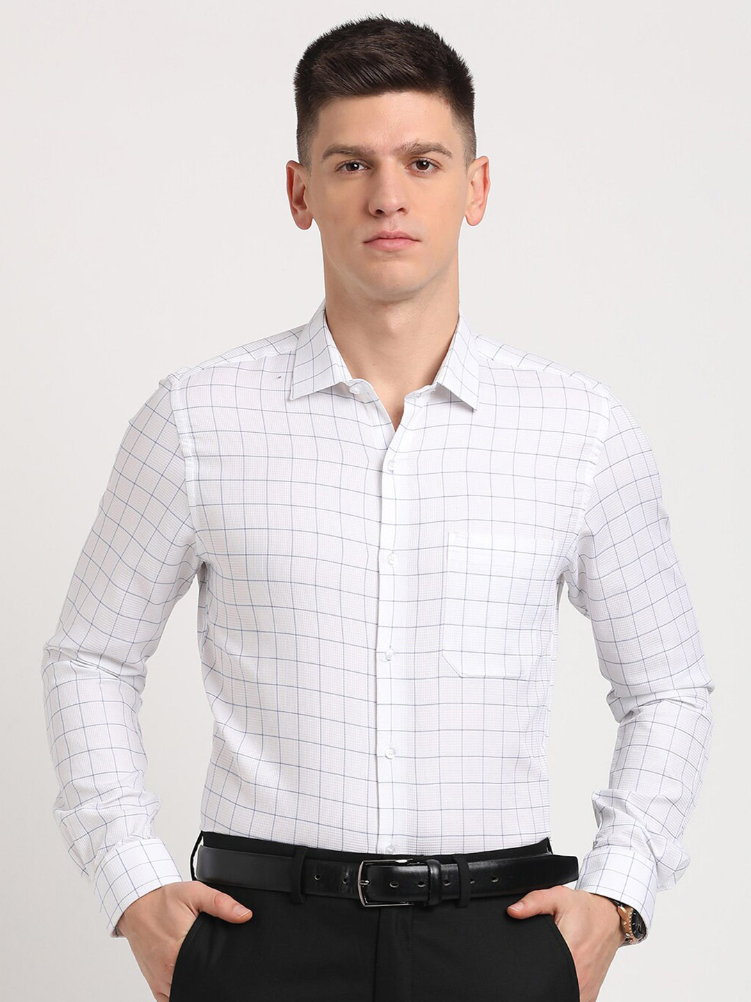 

Turtle Standard Slim Fit Grid Tattersall Checks Pure Cotton Formal Shirt, White