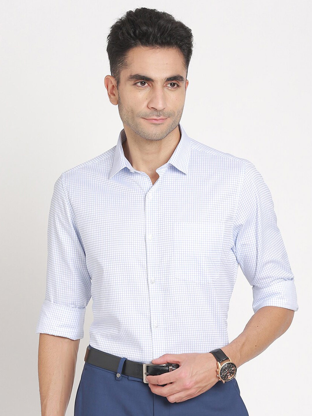 

Turtle Standard Slim Fit Micro Checked Spread Collar Cotton Formal Shirt, Off white
