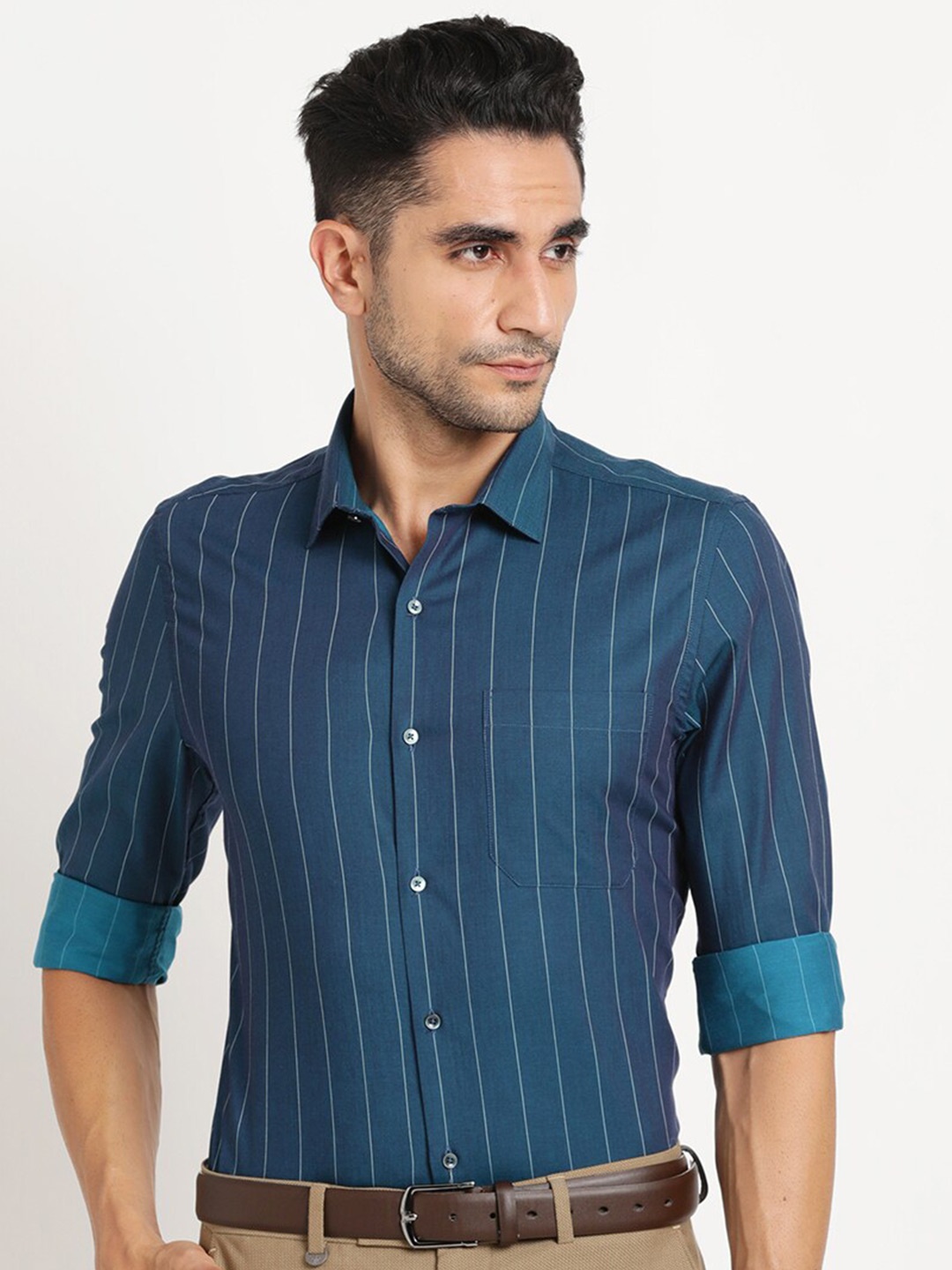 

Turtle Vertical Striped Standard Slim Fit Cotton Opaque Formal Shirt, Blue